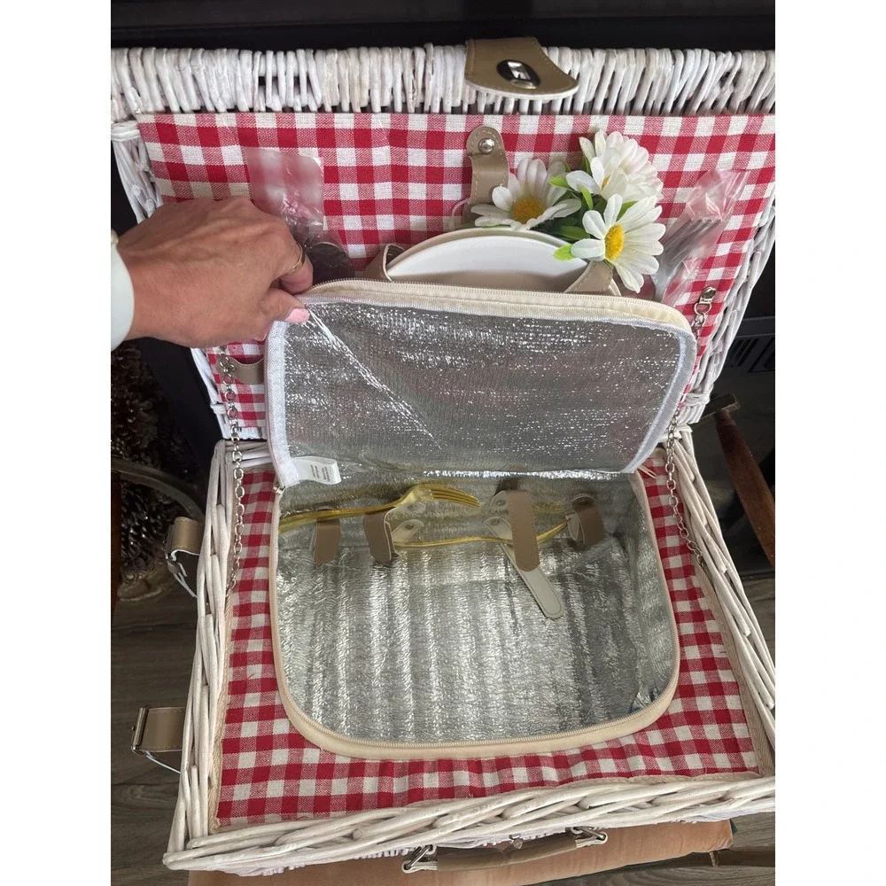 Vintage White Wicker Picnic Basket Set Insulated Cooler Red Gingham Lining